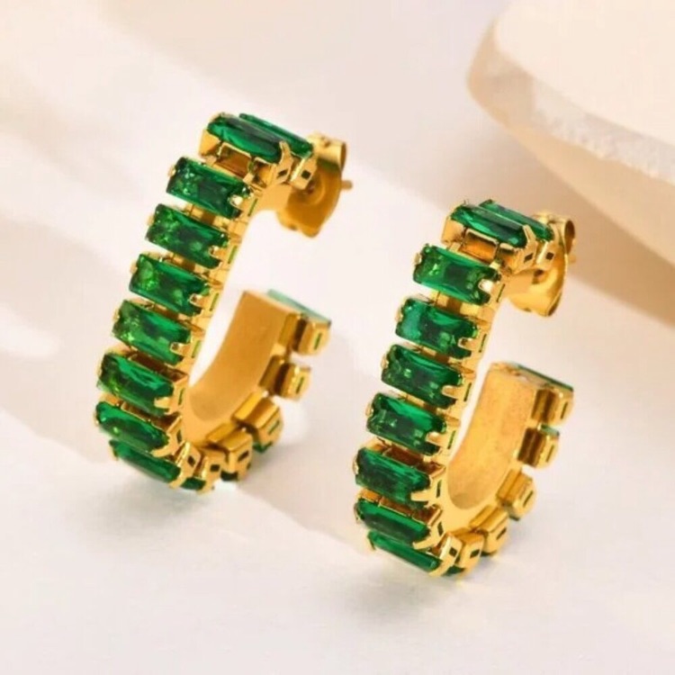Emerald Green Zircon Baguette Pvd 18k Gold Plated J Shape Hoop Earrings